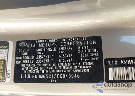 2015 Kia Sedona Lx из США, поврежденный, VIN KNDMB5C15F6043946